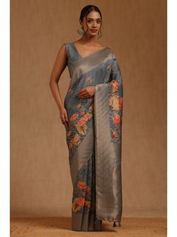 Soch - Womens Blue Dola Silk Madhubani Printed Woven Saree with Unstitched Blouse