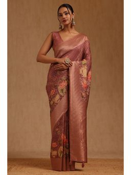 Soch - Womens Peach Dola Silk Madhubani Printed Woven Saree with Unstitched Blouse