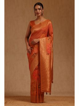 Soch - Womens Orange Dola Silk Floral Zari Woven Saree with Unstitched Blouse