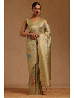 Soch - Womens Light Green Dola Silk Floral Woven Saree with Unstitched Blouse