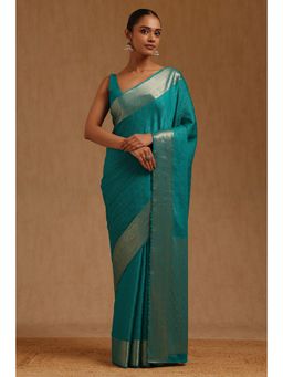 Soch - Womens Teal Georgette Woven Design Saree with Unstitched Blouse