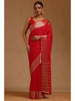 Soch - Womens Red Georgette Zari Woven Saree with Unstitched Blouse