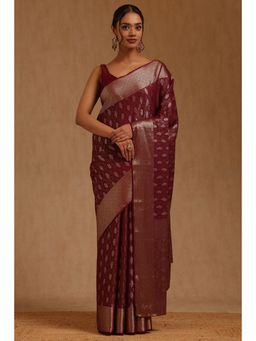 Soch - Womens Wine Georgette Floral Woven Saree with Unstitched Blouse