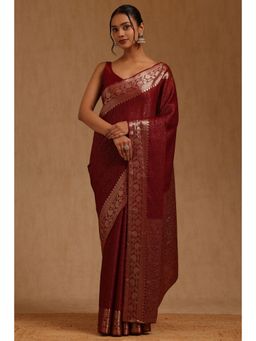 Soch - Womens Maroon Georgette Floral Woven Saree with Unstitched Blouse