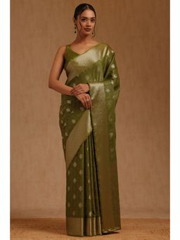 Soch - Womens Olive Georgette Ethnic Motifs Zari Woven Saree with Unstitched Blouse
