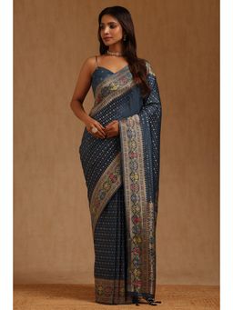Soch - Womens Navy Blue Silk Blend Zari Woven Saree with Unstitched Blouse
