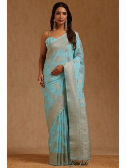 Soch - Womens Blue Tusshar Floral Woven Saree with Unstitched Blouse