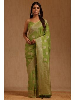 Soch - Womens Sap Green Tusshar Floral Woven Saree with Unstitched Blouse