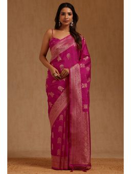 Soch - Womens Fuchsia Tusshar Floral Woven Saree with Unstitched Blouse