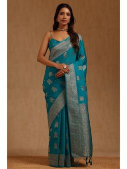 Soch - Womens Blue Tusshar Floral Woven Saree with Unstitched Blouse