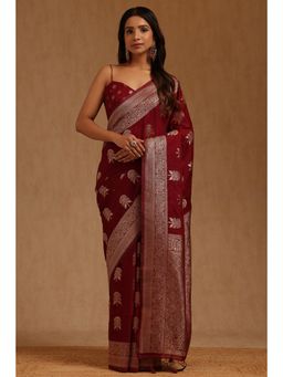 Soch - Womens Maroon Tusshar Floral Woven Saree with Unstitched Blouse