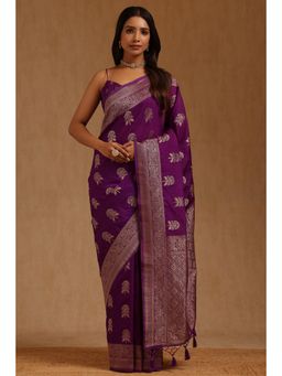 Soch - Womens Purple Tusshar Floral Woven Saree with Unstitched Blouse