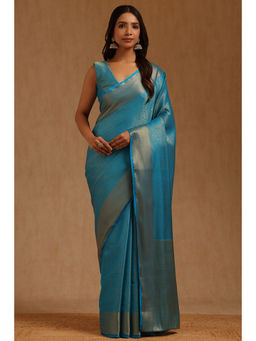 Soch - Womens Teal Blue Georgette Floral Woven Saree with Unstitched Blouse