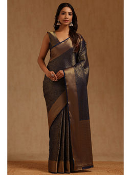 Soch - Womens Navy Blue Georgette Floral Woven Saree with Unstitched Blouse