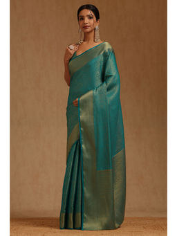 Soch - Womens Turquoise Blue Georgette Floral Woven Saree with Unstitched Blouse