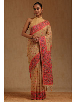Soch - Womens Beige Chanderi Floral Woven Design Saree with Unstitched Blouse