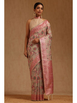 Soch - Womens Beige Chanderi Floral Woven Design Saree with Unstitched Blouse