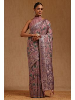 Soch - Womens Lavender Chanderi Floral Woven Design Saree with Unstitched Blouse