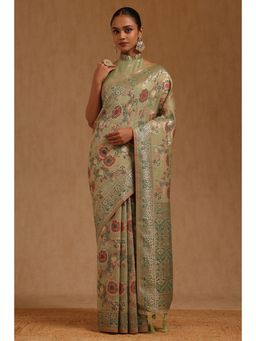 Soch - Womens Light Green Chanderi Floral Woven Design Saree with Unstitched Blouse