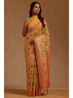 Soch - Womens Yellow Chanderi Floral Woven Designs Saree with Unstitched Blouse