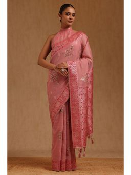 Soch - Womens Blush Pink Chanderi Zari Woven Design Saree with Unstitched Blouse