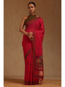 Soch - Womens Red Chanderi Woven Design Saree with Unstitched Blouse