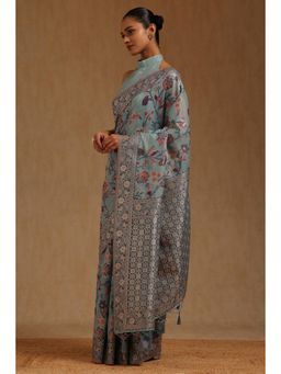 Soch - Womens Powder Blue Chanderi Floral Woven Saree with Unstitched Blouse