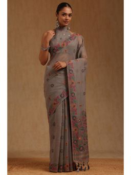 Soch - Womens Grey Chanderi Floral Woven Design Saree with Unstitched Blouse