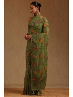 Soch - Womens Green Chanderi Floral Woven Design Saree with Unstitched Blouse