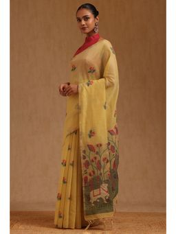 Soch - Womens Yellow Chanderi Floral Woven Design Saree with Unstitched Blouse