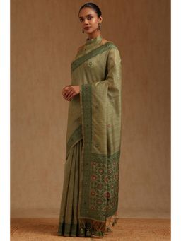 Soch - Womens Green Chanderi Woven Design Saree with Unstitched Blouse