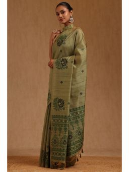 Soch - Womens Green Chanderi Floral Woven Design Saree with Unstitched Blouse