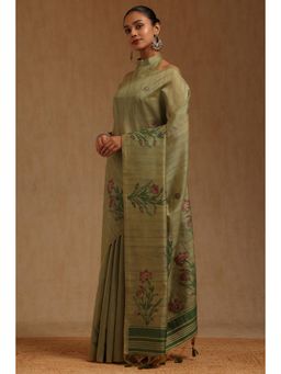 Soch - Womens Green Tusshar Floral Woven Design Saree with Unstitched Blouse
