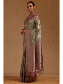 Soch - Womens Light Olive Tusshar Floral Woven Saree with Unstitched Blouse