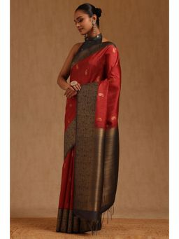 Soch - Womens Deep Red Tusshar Paisley Zari Woven Saree with Unstitched Blouse