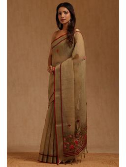 Soch - Womens Olive Linen Floral Hand Embroidered Saree with Unstitched Blouse