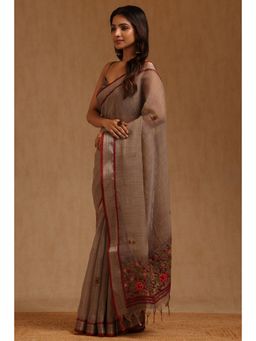 Soch - Womens Grey Linen Floral Hand Embroidered Saree with Unstitched Blouse