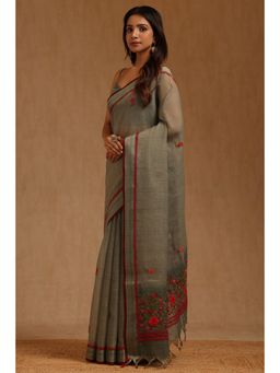 Soch - Womens Green Linen Floral Hand Embroidered Saree with Unstitched Blouse