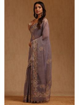 Soch - Womens Lavender Linen Floral Embroidered Saree with Unstitched Blouse