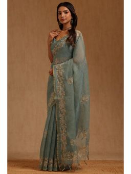 Soch - Womens Green Linen Floral Embroidered Saree with Unstitched Blouse