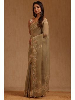 Soch - Womens Light Olive Linen Floral Embroidered Saree with Unstitched Blouse