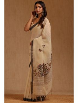 Soch - Womens Black Linen Floral Hand Embroidered Saree with Unstitched Blouse