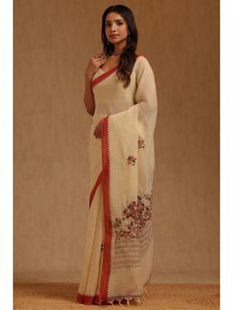 Soch - Womens Maroon Linen Floral Hand Embroidered Saree with Unstitched Blouse