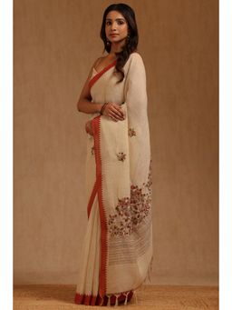 Soch - Womens Rust Linen Floral Hand Embroidered Saree with Unstitched Blouse