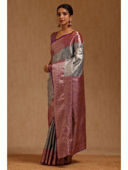 Soch - Womens Powder Blue Silk Blend Floral Woven Saree with Unstitched Blouse
