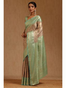 Soch - Womens Beige Silk Blend Floral Woven Saree with Unstitched Blouse