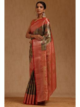Soch - Womens Olive Silk Blend Botanical Woven Saree with Unstitched Blouse