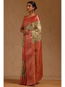 Soch - Womens Gold Silk Blend Botanical Woven Saree with Unstitched Blouse