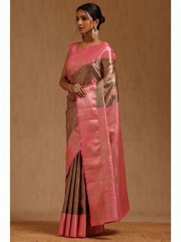 Soch - Womens Grey Silk Blend Botanical Woven Saree with Unstitched Blouse