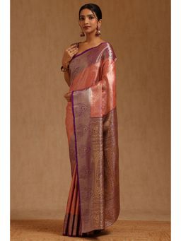 Soch - Womens Peach Silk Blend Botanical Woven Saree with Unstitched Blouse
